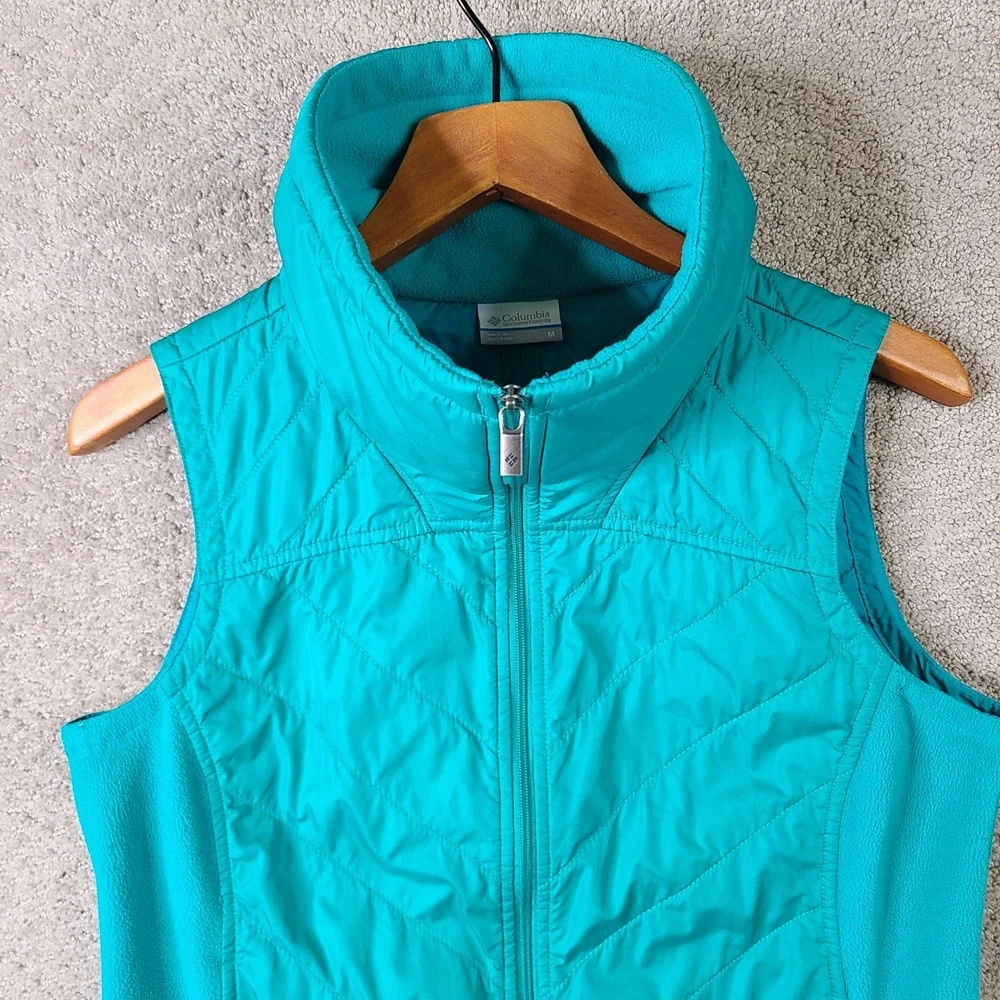 Columbia Vest Womens M Blue Fleece Trim Quilted Full Zip Puffer‎ High Neck